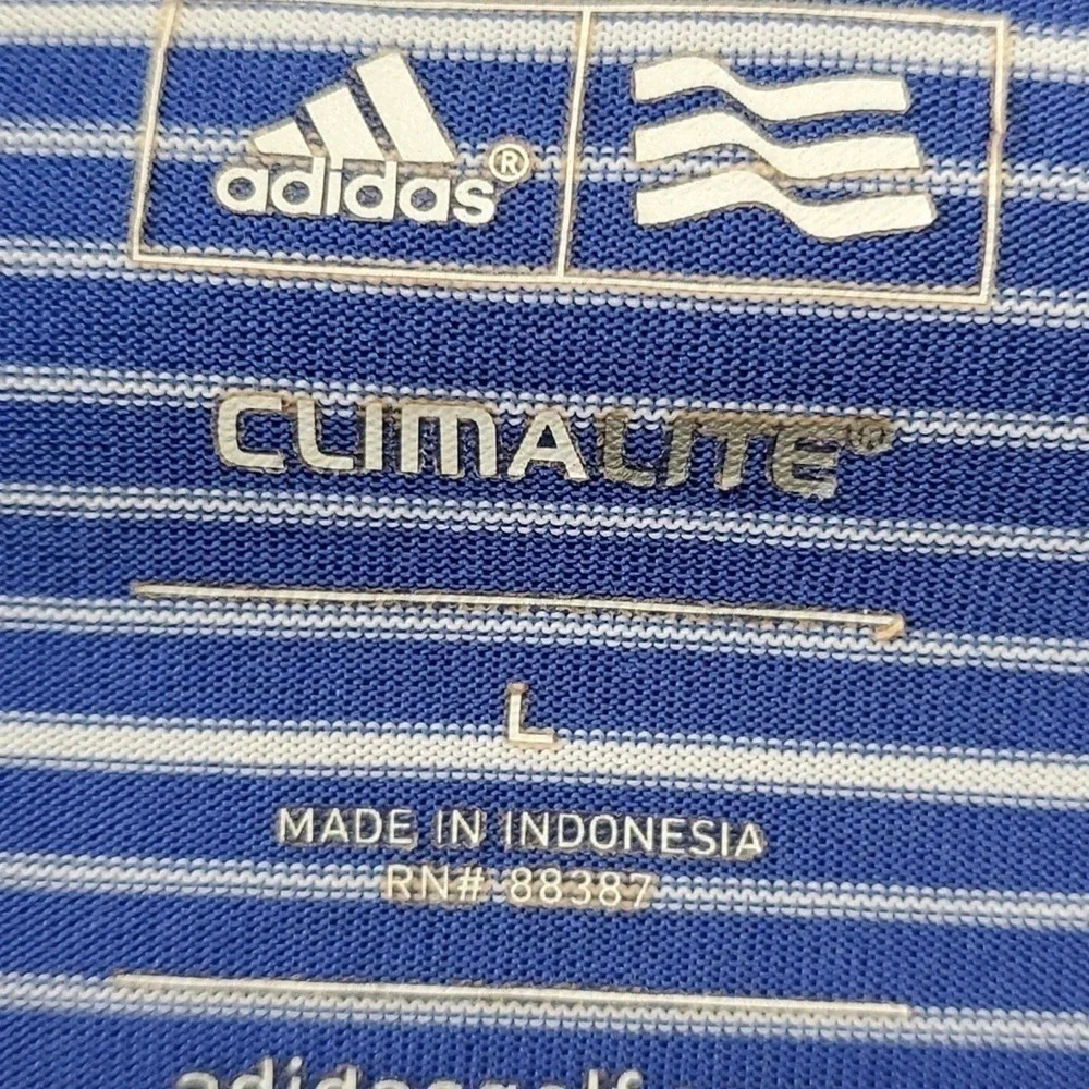 ADIDAS, Mens blue and white striped polo shirt. Size large Great used condition.